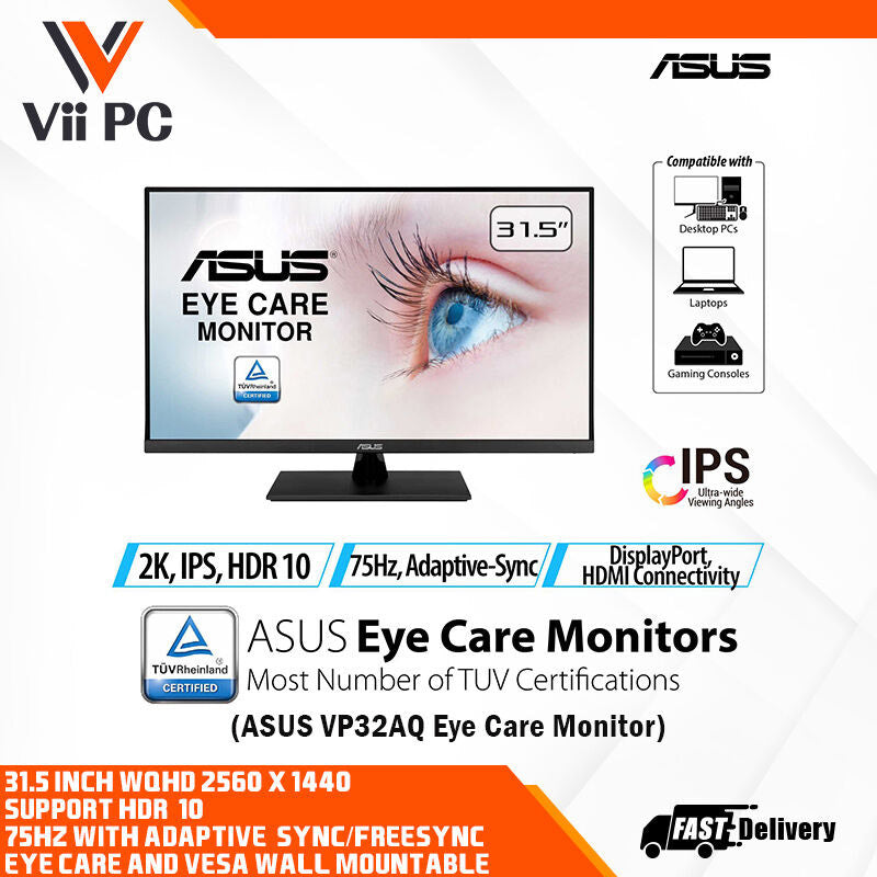 ASUS VP32AQ Eye Care Monitor - 32" (31.5" viewable), QHD (2560x1440), IPS, 100% sRGB, HDR-10, 75Hz, Adaptive-Sync/FreeSync™, DisplayPort, HDMI, Flicker Free, Blue Light Filter, Wall Mountable