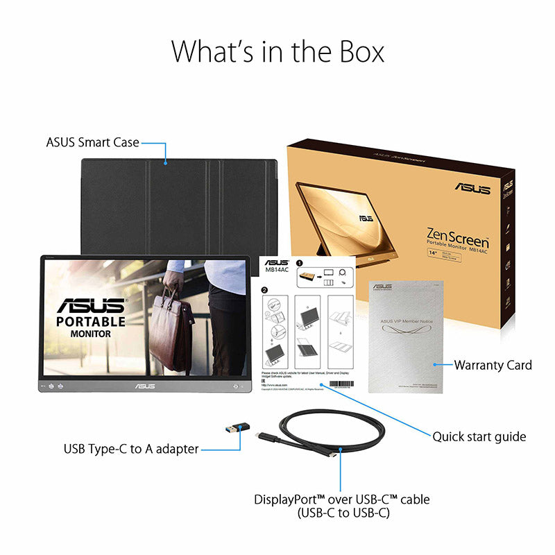 ASUS ZenScreen MB14AC Portable USB Monitor - 14" IPS FHD, Hybrid Signal Solution, USB Type-C, Flicker Free, Blue Light Filter, Anti-glare, Foldable Smart case, Eye Care technology, Lightweight