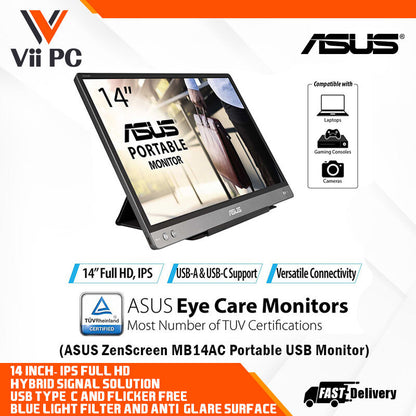 ASUS ZenScreen MB14AC Portable USB Monitor - 14" IPS FHD, Hybrid Signal Solution, USB Type-C, Flicker Free, Blue Light Filter, Anti-glare, Foldable Smart case, Eye Care technology, Lightweight