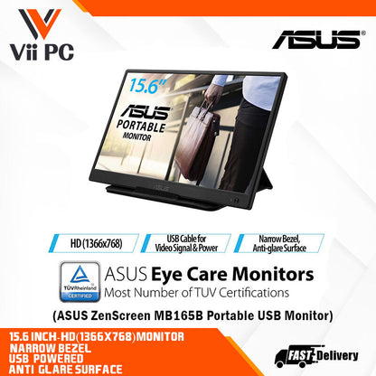 ASUS ZenScreen MB165B Portable USB Monitor - 16" (15.6" viewable), HD(1366x768), Narrow Bezel, USB-powered, Anti-glare surface, ZenScreen sleeve