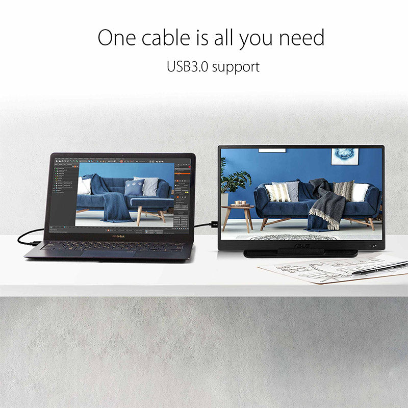 ASUS ZenScreen MB165B Portable USB Monitor - 16" (15.6" viewable), HD(1366x768), Narrow Bezel, USB-powered, Anti-glare surface, ZenScreen sleeve