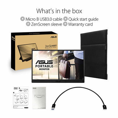 ASUS ZenScreen MB165B Portable USB Monitor - 16" (15.6" viewable), HD(1366x768), Narrow Bezel, USB-powered, Anti-glare surface, ZenScreen sleeve