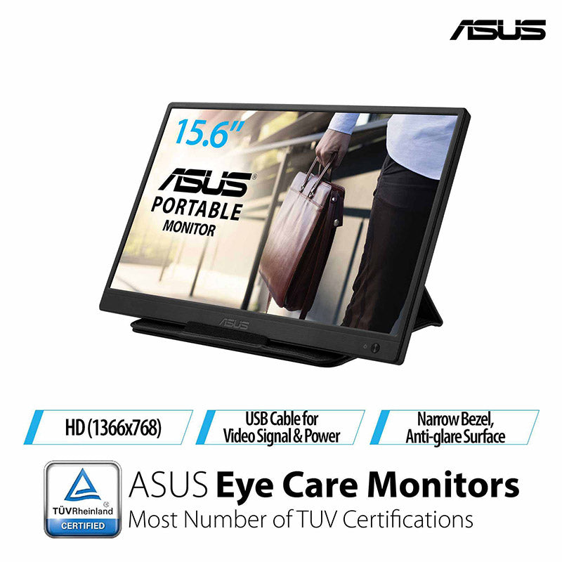 ASUS ZenScreen MB165B Portable USB Monitor - 16" (15.6" viewable), HD(1366x768), Narrow Bezel, USB-powered, Anti-glare surface, ZenScreen sleeve