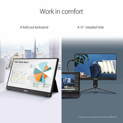 ASUS ZenScreen MB16ACV Portable USB Monitor- 16" (15.6" viewable) FHD IPS, Hybrid Signal Solution, USB Type-C, Flicker Free, Blue Light Filter, Anti-glare surface, Antibacterial treatment