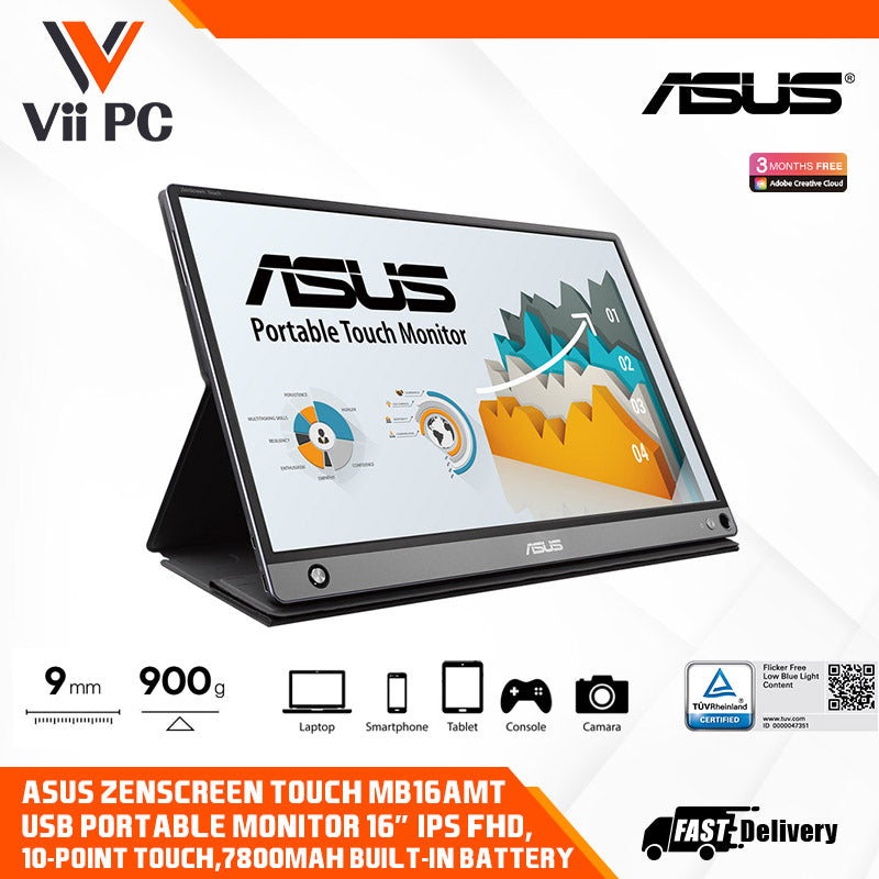 ASUS ZenScreen Touch MB16AMT USB portable monitor - 16" (15.6" viewable) IPS FHD, 10-point Touch, ZenScreen pen, Built-in Battery, Hybrid Signal Solution, USB Type-C, Micro-HDMI, Compatible with Laptops, Smartphones, Gaming Consoles, and Cameras