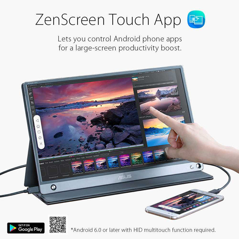 ASUS ZenScreen Touch MB16AMT USB portable monitor - 16" (15.6" viewable) IPS FHD, 10-point Touch, ZenScreen pen, Built-in Battery, Hybrid Signal Solution, USB Type-C, Micro-HDMI, Compatible with Laptops, Smartphones, Gaming Consoles, and Cameras