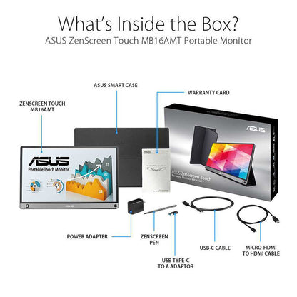 ASUS ZenScreen Touch MB16AMT USB portable monitor - 16" (15.6" viewable) IPS FHD, 10-point Touch, ZenScreen pen, Built-in Battery, Hybrid Signal Solution, USB Type-C, Micro-HDMI, Compatible with Laptops, Smartphones, Gaming Consoles, and Cameras