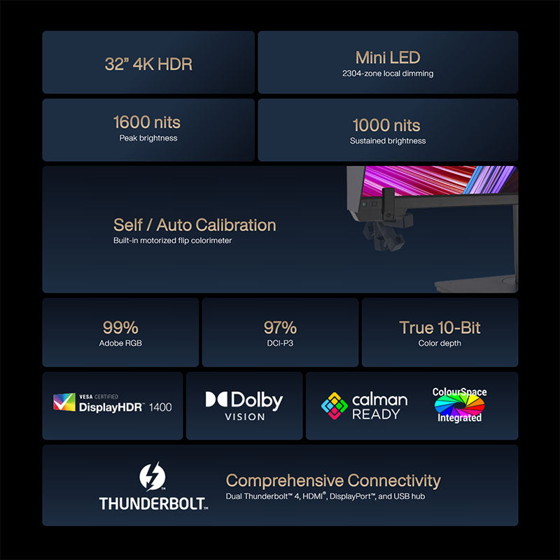 ASUS ProArt Display PA32UCXR Professional Monitor - 32" 4K UHD (3840x2160), Mini LED Backlight, Built-in Motorized Colorimeter, Dolby Vision, 99% Adobe RGB, 97% DCI-P3, ΔE<1, Thunderbolt™ 4 PD 90W, VESA DisplayHDR 1400, Hardware Calibration, Calman Ready