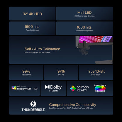 ASUS ProArt Display PA32UCXR Professional Monitor - 32" 4K UHD (3840x2160), Mini LED Backlight, Built-in Motorized Colorimeter, Dolby Vision, 99% Adobe RGB, 97% DCI-P3, ΔE<1, Thunderbolt™ 4 PD 90W, VESA DisplayHDR 1400, Hardware Calibration, Calman Ready
