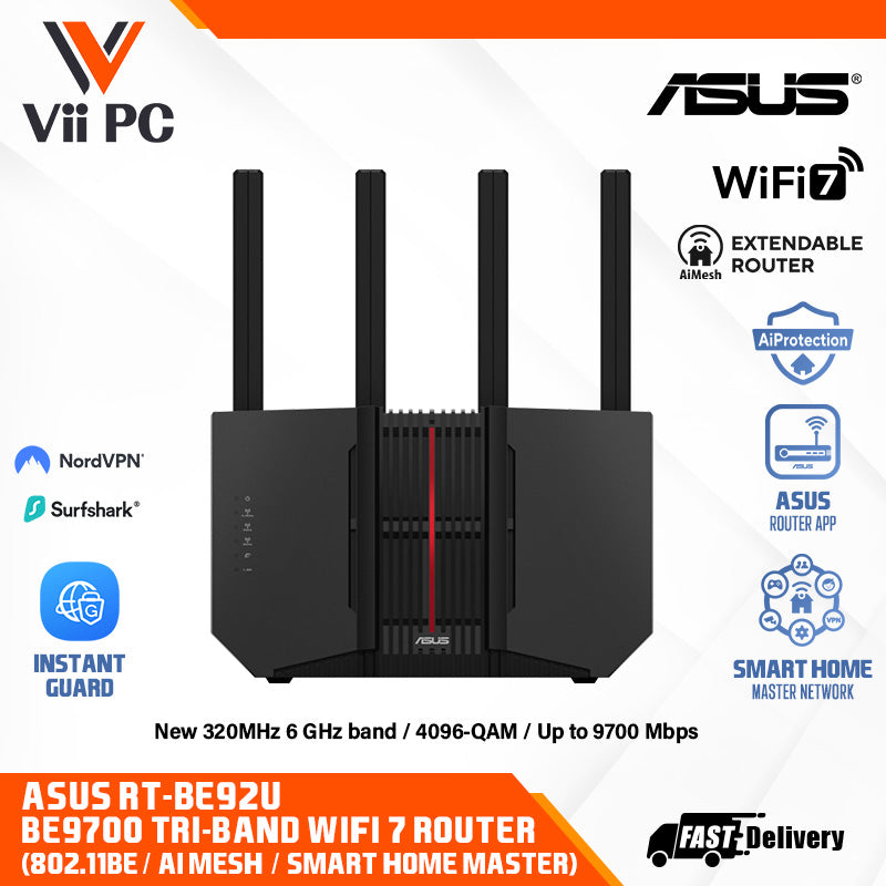 ASUS RT-BE92U BE9700 Tri-band WiFi 7 Router, Supports new 320MHz bandwidth & 4096-QAM