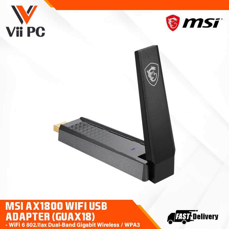 MSI AX1800 WiFi USB Adapter (GUAX18) - WiFi 6 802.11ax Dual-Band Gigabit Wireless, Plug and Play, High Speed Long Range USB Gaming Adapter, WPA3