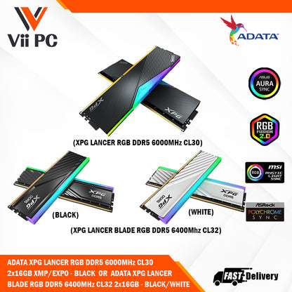 ADATA XPG LANCER RGB DDR5 6000MHz CL30 / XPG LANCER BLADE RGB DDR5 6400MHz CL32 (2x16GB) 32GB XMP/EXPO - BLACK/WHITE