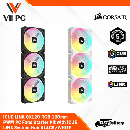 CORSAIR iCUE LINK QX120 RGB BLACK/WHITE, 120mm Magnetic Dome RGB Fan, Starter Kit (Triple Fan Kit)
