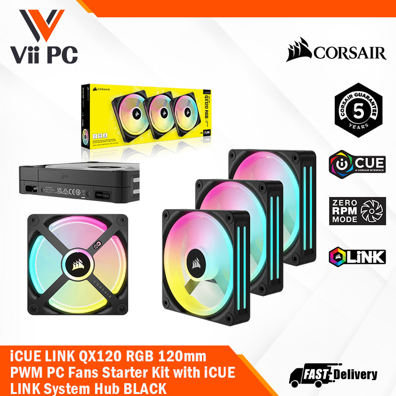 CORSAIR iCUE LINK QX120 RGB BLACK/WHITE, 120mm Magnetic Dome RGB Fan, Starter Kit (Triple Fan Kit)