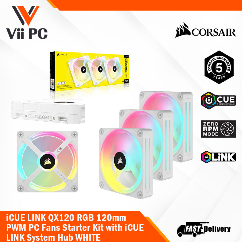 CORSAIR iCUE LINK QX120 RGB BLACK/WHITE, 120mm Magnetic Dome RGB Fan, Starter Kit (Triple Fan Kit)