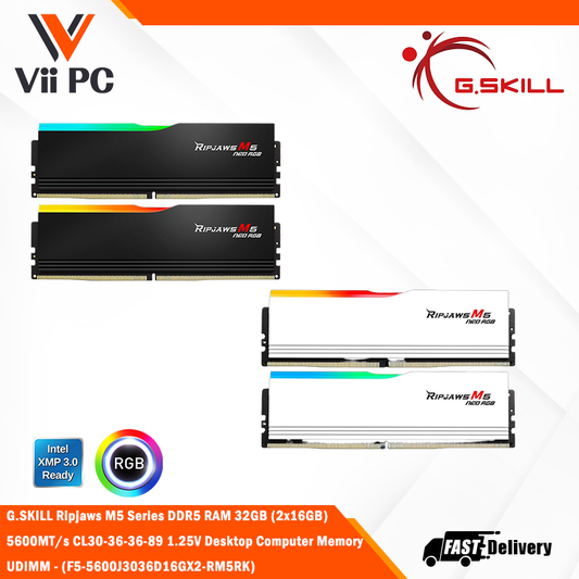 G.SKILL RIPJAWS M5 Series (Intel XMP 3.0) DDR5 RAM 32GB (2x16GB) 5600MT/s CL30-36-36-89 / 1.25V / Desktop Computer Memory UDIMM - Matte Black/White (F5-5600J3036D16GX2-RM5RK)