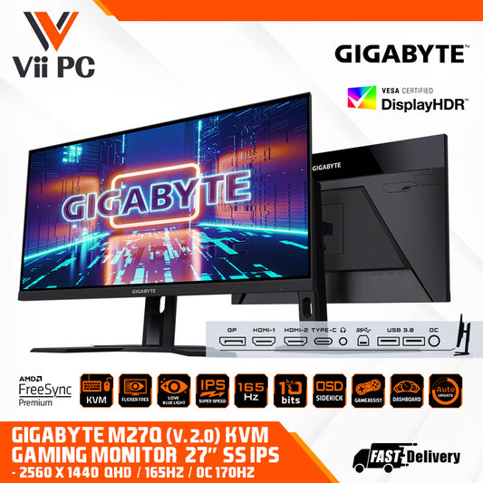 GIGABYTE M27Q Ver 2.0 27" 170Hz IPS 1440P 2K KVM Gaming Monitor 0.5ms FreeSync Premium, 2560 x 1440 SS, 95% DCI P3, HDR Ready, 1x DisplayPort 1.2, 2x HDMI 2.0, 2x USB 3.0, 1x USB Type-C Height Adjustable