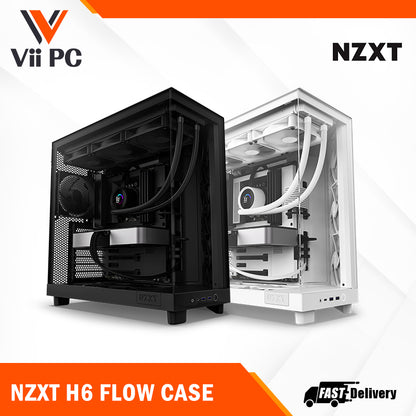NZXT H6 FLOW/H6 FLOW RGB Dual-Chamber Mid-Tower Airflow Case /w RGB Fans Case - MATTE BLACK/MATTE WHITE CASING