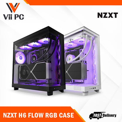 NZXT H6 FLOW/H6 FLOW RGB Dual-Chamber Mid-Tower Airflow Case /w RGB Fans Case - MATTE BLACK/MATTE WHITE CASING