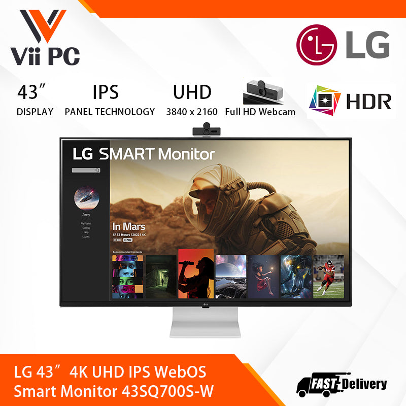 LG 43SQ700S-W 43SQ700S 43'' 4K UHD IPS Smart Monitor with webOS 10Wx2 Speakers USB Type-C™ (PD 65W), 2xHDMI, 3xUSB AirPlay 2, Screen Share, Bluetooth