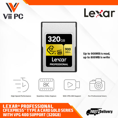 Lexar® Professional CFexpress™ Type A Card GOLD Series with VPG-400 Support (160GB / 320GB) - Up to 900MB/s read, up to 800MB/s write