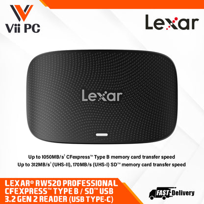 Lexar RW520 Professional CFexpress Type B/SD USB 3.2 Gen 2 Card Reader, High-Speed Transfer, For CFexpress™ Type B and SD™ Cards, USB Type-C Connectivity, For Professional Users