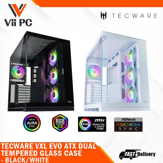 Tecware VXL EVO ATX DUAL TEMPERED GLASS CASE - ARGB , Dual Chamber Layout , Panel Locking Mechanism , Includes 4x RGB Fans , 1 Yrs Wty , BLACK / WHITE