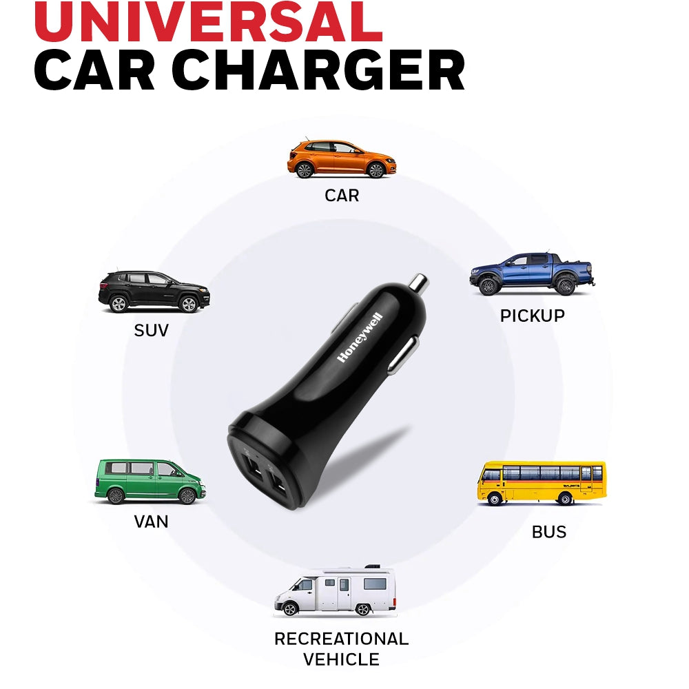 Honeywell MICRO CLA 24W CAR CHARGER 4.8 Amp with 2 x USB - Black Value Series / 3 Years Warranty