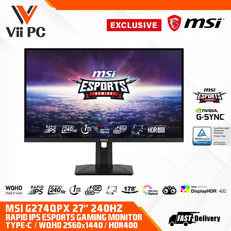 MSI G274QPX, 27" 2K Gaming Monitor, 2560 x 1440 (QHD), Rapid IPS, 1ms, 240Hz, G-Sync Compatible, HDR 400, HDMI, Displayport, Tilt, Swivel, Height Adjustable, Pivot,Black