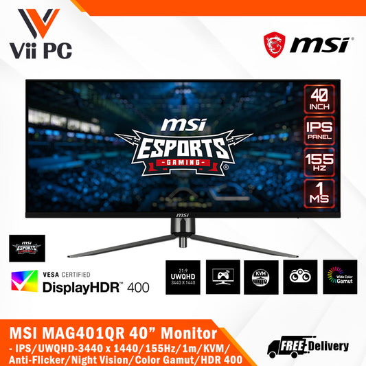 MSI MAG401QR Ultrawide Gaming Monitor - 40" IPS UWQHD (3440 x 1440), 155HZ, 1MS, HDR400, IPS, USB Type-C, KVM, Adaptive Sync, MSI Mystic Light