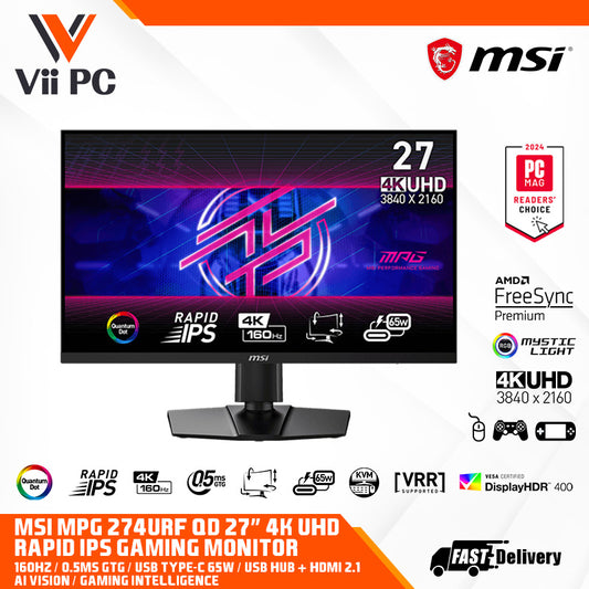 MSI  MPG 274URF QD 4K Gaming Monitor - 27" UHD (3840x2160), 160Hz, 0.5ms (GtG), RAPID IPS panel, AMD FREESYNC Premium, VESA DisplayHDR 400, MSI Mystic Light, USB Type-C (65W), HDMI 2.1