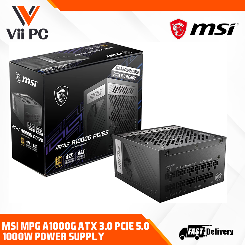 MSI MPG A1000G PCIE 5.0 ATX 3.0 80 Plus® Gold 1000W Full Modular Gaming Power Supply - 12VHPWR Cable, ATX 3.0 compatible, Supports Nvidia® GeForce RTX™ 40 Series