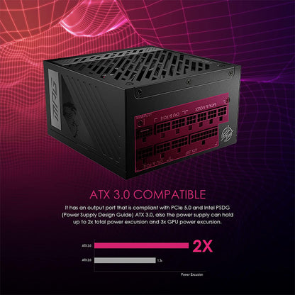MSI MPG A1000G PCIE 5.0 ATX 3.0 80 Plus® Gold 1000W Full Modular Gaming Power Supply - 12VHPWR Cable, ATX 3.0 compatible, Supports Nvidia® GeForce RTX™ 40 Series