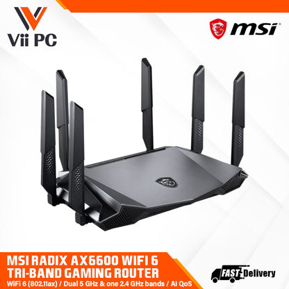 MSI Radix AX6600 WiFi 6 Tri-Band Gaming Router - AI QoS, 1.8GHz Quad-Core Processor, MU-MIMO, Gigabit Wireless, Dual 5 GHz band, High Speed Long Range