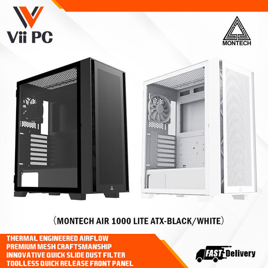 Montech AIR 1000 Lite ATX Mid Tower Case - High Airflow Fans Pre-Installed, Swivel Glass Side Panel, Mesh Front Panel