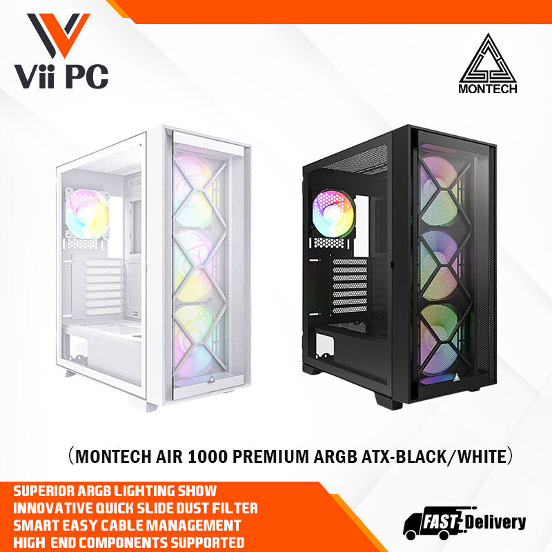 Montech AIR 1000 Premium ARGB ATX Mid Tower Case -  Detachable Mesh, Tempered Glass Front Panel and Swivel Glass Side Panel (Black/White)