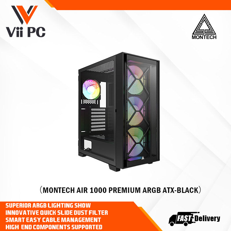Montech AIR 1000 Premium ARGB ATX Mid Tower Case -  Detachable Mesh, Tempered Glass Front Panel and Swivel Glass Side Panel (Black/White)