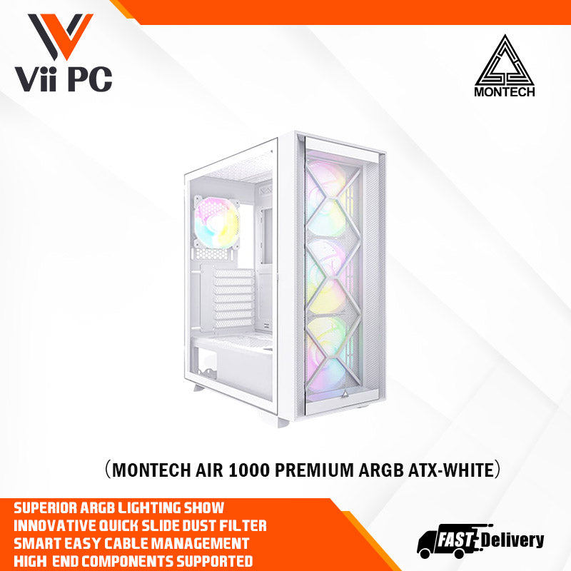 Montech AIR 1000 Premium ARGB ATX Mid Tower Case -  Detachable Mesh, Tempered Glass Front Panel and Swivel Glass Side Panel (Black/White)