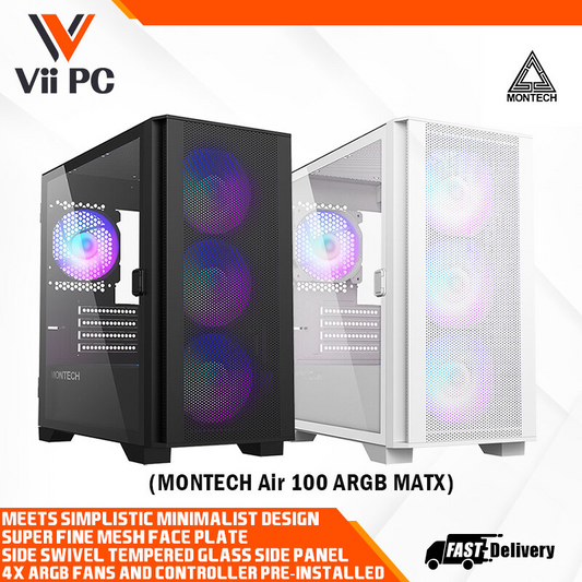Montech AIR 100 ARGB Micro-ATX Case - 4 ARGB Fans, Lighting Controller, Fine Mesh Front Panel Design (Black/White)