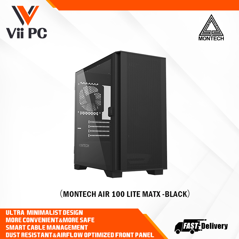 Montech AIR 100 LITE Micro-ATX Case - 2 Silent Fans, Fine Mesh Front Panel Design, Side Swivel Tempered Glass Side Panel (Black/White)