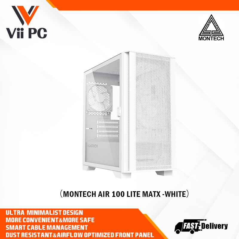 Montech AIR 100 LITE Micro-ATX Case - 2 Silent Fans, Fine Mesh Front Panel Design, Side Swivel Tempered Glass Side Panel (Black/White)
