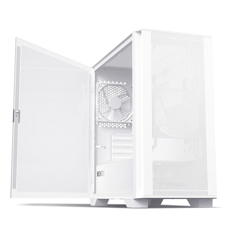 Montech AIR 100 LITE Micro-ATX Case - 2 Silent Fans, Fine Mesh Front Panel Design, Side Swivel Tempered Glass Side Panel (Black/White)