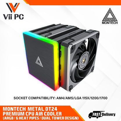 Montech METAL DT24 PREMIUM CPU Air Cooler (ARGB aluminum top cover, Six Heat pipes and Dual Tower Design, Socket compatibility: AM4/AM5/LGA 115X/1200/1700)