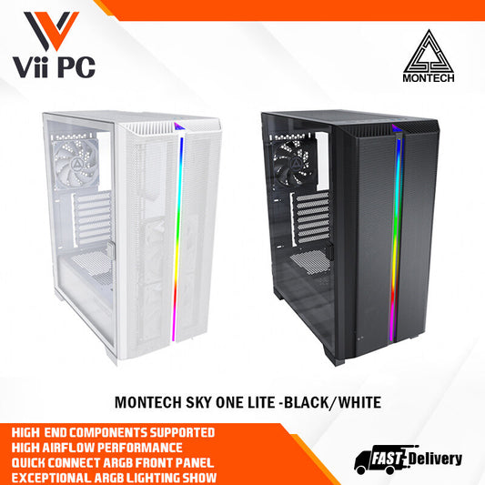 Montech SKY ONE LITE ATX Gaming Mid Tower Case - Air Performance Fine Mesh Front Panel, 3x High Airflow Fans Pre-Installed, Easy Swivel Glass Side Panel, ARGB (Black/White)