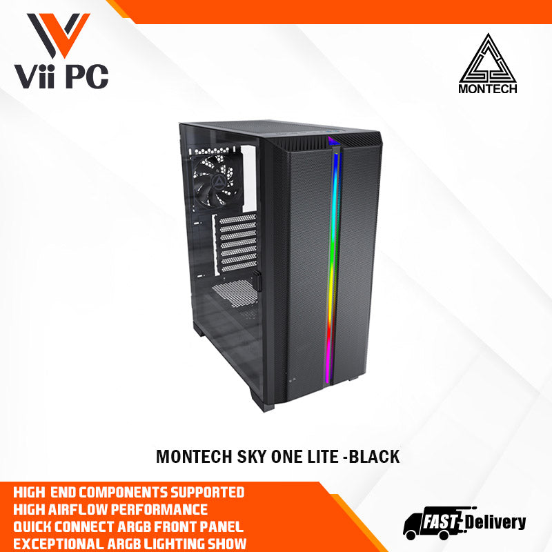 Montech SKY ONE LITE ATX Gaming Mid Tower Case - Air Performance Fine Mesh Front Panel, 3x High Airflow Fans Pre-Installed, Easy Swivel Glass Side Panel, ARGB (Black/White)
