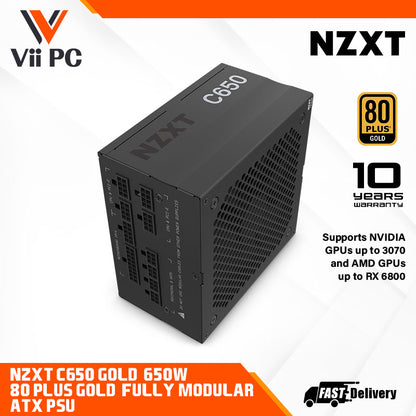 NZXT C650 Gold 650W 80 Plus® Gold Fully-Modular ATX Power Supply - Supports NVIDIA GPUs up to 3070 and AMD GPUs up to RX 6800 (10 Year Warranty)