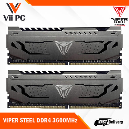 Patriot Viper Steel DDR4 3600Mhz 2x8GB Kit or 2x16GB Kit NON-ECC Unbuffered DIMM XMP 2.0 Support Aluminum heat spreader with unique and specific design