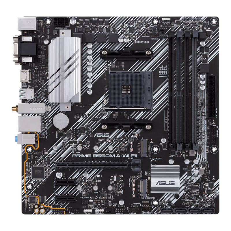 ASUS PRIME B550M-A (WI-FI) AMD B550 (Ryzen AM4) micro ATX motherboard with dual M.2, PCIe 4.0, Intel® WiFi 6, 1 Gb Ethernet, HDMI/D-Sub/DVI, SATA 6 Gbps, USB 3.2 Gen 2 Type-A, and Aura Sync RGB headers support