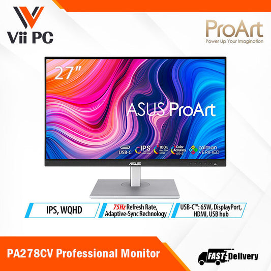 ASUS ProArt Display PA278CV Professional Monitor - 27" IPS, WQHD (2560x1440), 100% sRGB, 100% Rec. 709, Color Accuracy ΔE<2, Calman Verified, USB-C, DisplayPort Daisy-chaining, ProArt Preset, ProArt Palette