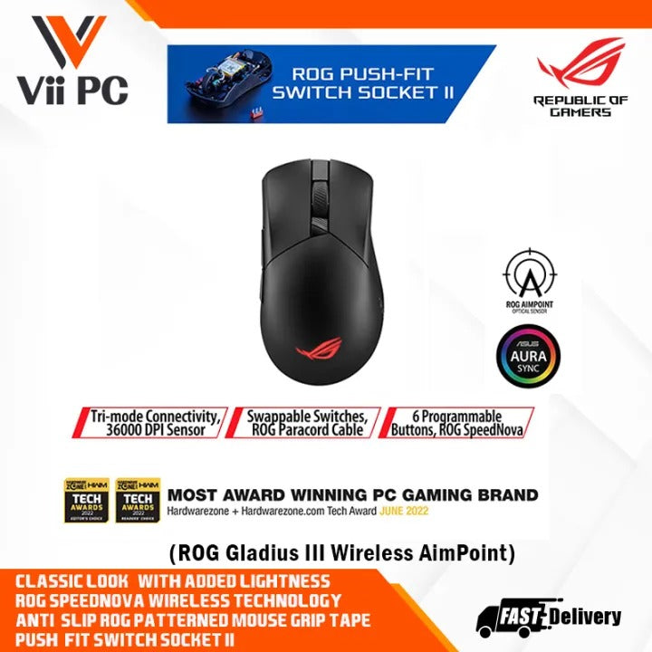 ASUS ROG Gladius III Wireless AimPoint Gaming Mouse, Connectivity (2.4GHz RF, Bluetooth, Wired), 36000 DPI sensor, 6 programmable buttons, ROG SpeedNova, Replaceable switches, Paracord cable